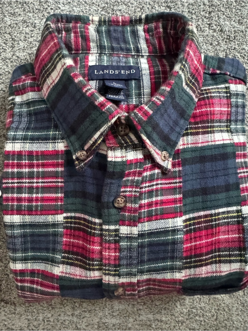 Lands' End Men's Red/Green Plaid Flannel LS Shirt Sz L 16-16 1/2 traditional fit